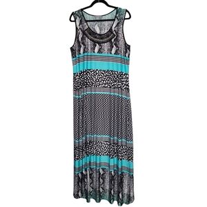 NY Collection Black Turquoise White Sleeveless Maxi Dress Lace Beaded Size L